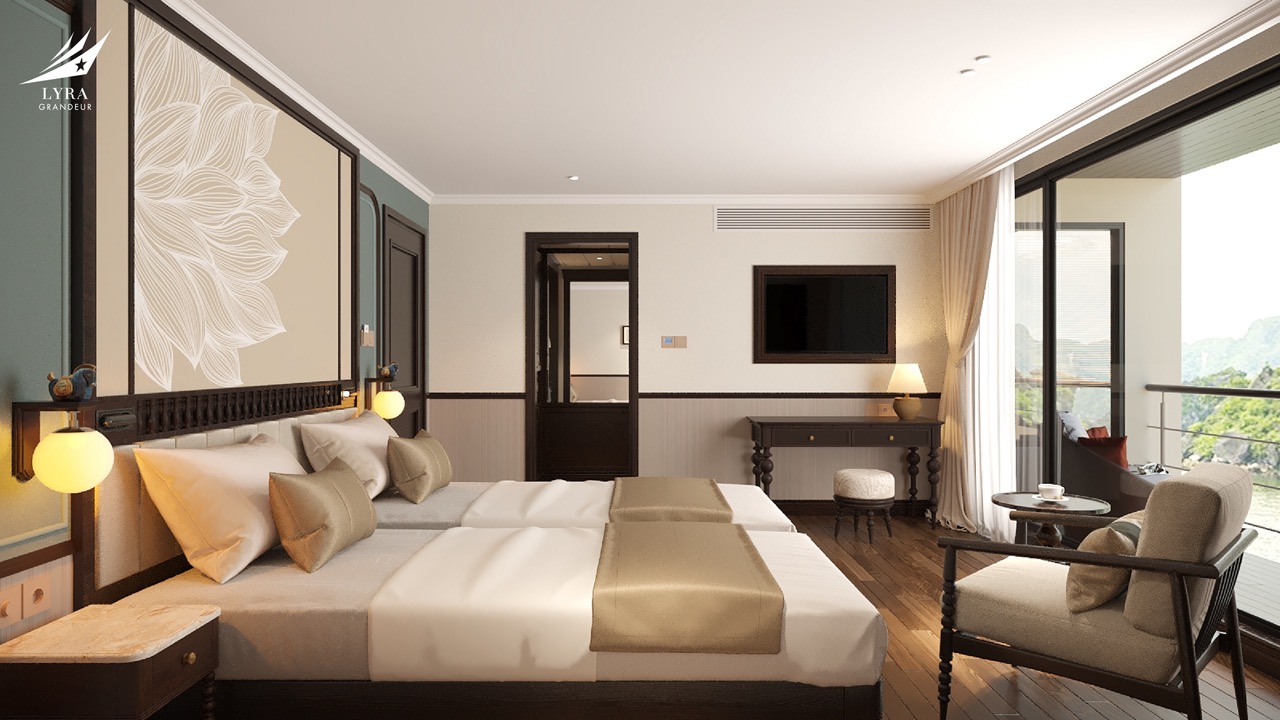Luxury hotel room with modern decor, balcony view, and comfortable amenities for a perfect vacation.
