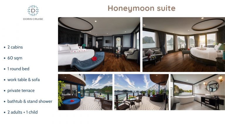 Luxurious Halong Bay cruise balcony with panoramic views and elegant interiors for a memorable voyag.
