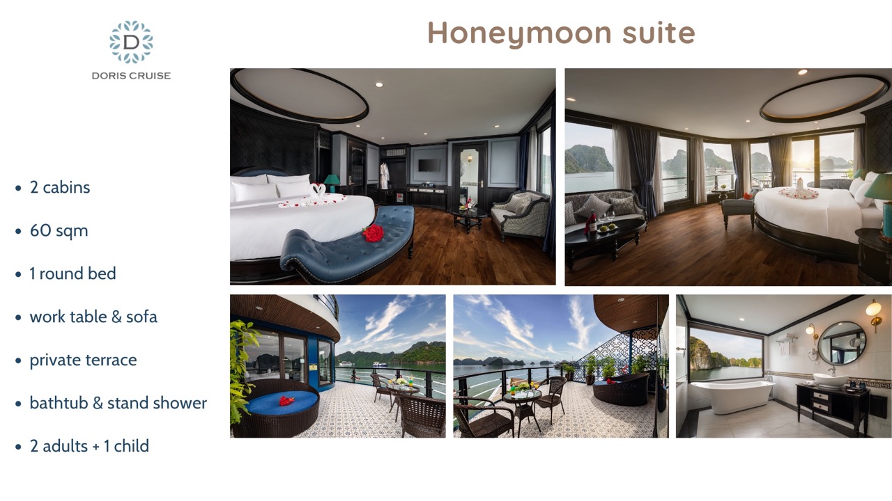 Luxurious Halong Bay cruise balcony with panoramic views and elegant interiors for a memorable voyag.