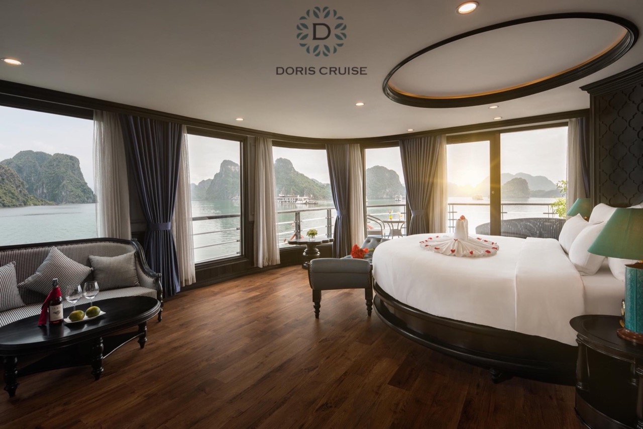 Luxurious Halong Bay cruise balcony with stunning limestone karsts and tranquil waters, perfect for.