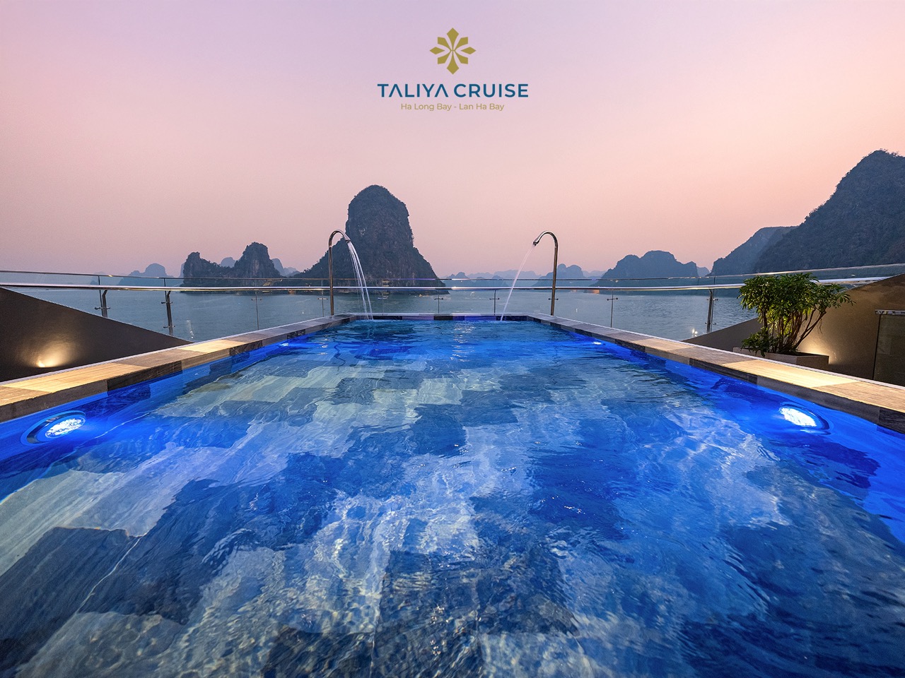 Stunning view from the cruise balcony overlooking limestone karsts in Lan Ha Bay at sunset.