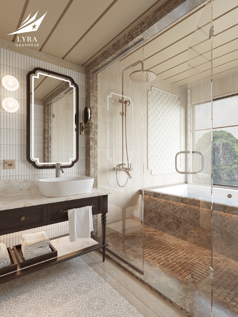 Luxury modern hotel bathroom with walk-in shower and bathtub in Lyra Grandeur hotel, elegant interior design, and city views.