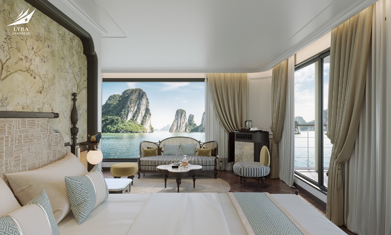 Luxurious waterfront hotel room with scenic bay view and elegant decor, perfect for vacation relaxation.