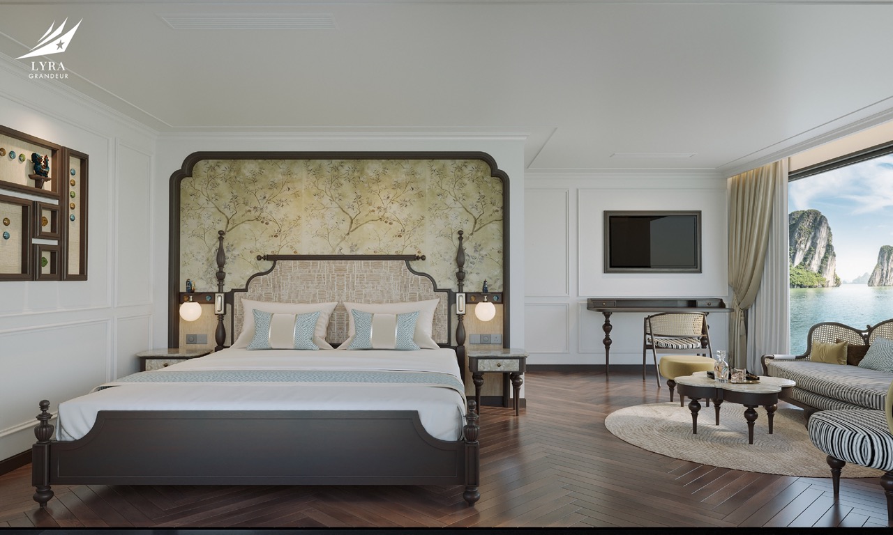 Elegant luxury hotel room with sea view and modern decor in Vietnam.