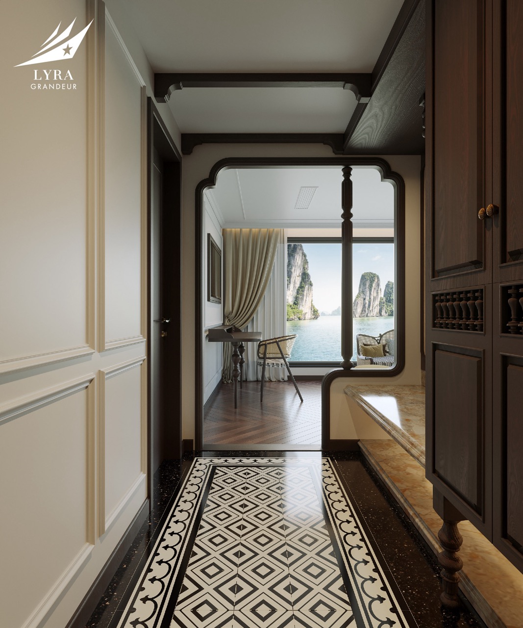 Elegant hotel hallway with a view of the ocean and limestone cliffs, highlighting luxury beachfront accommodation.