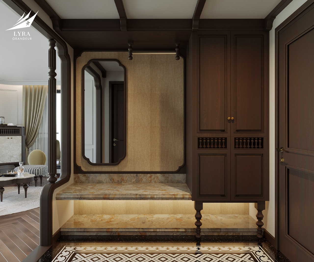Elegant hotel corridor with dark wood cabinetry and marble steps, classic interior design.