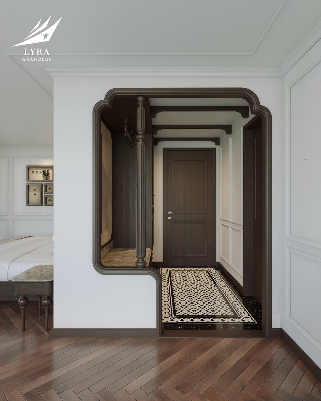 Intricate dark wood doorway with column design in elegant modern interior space.