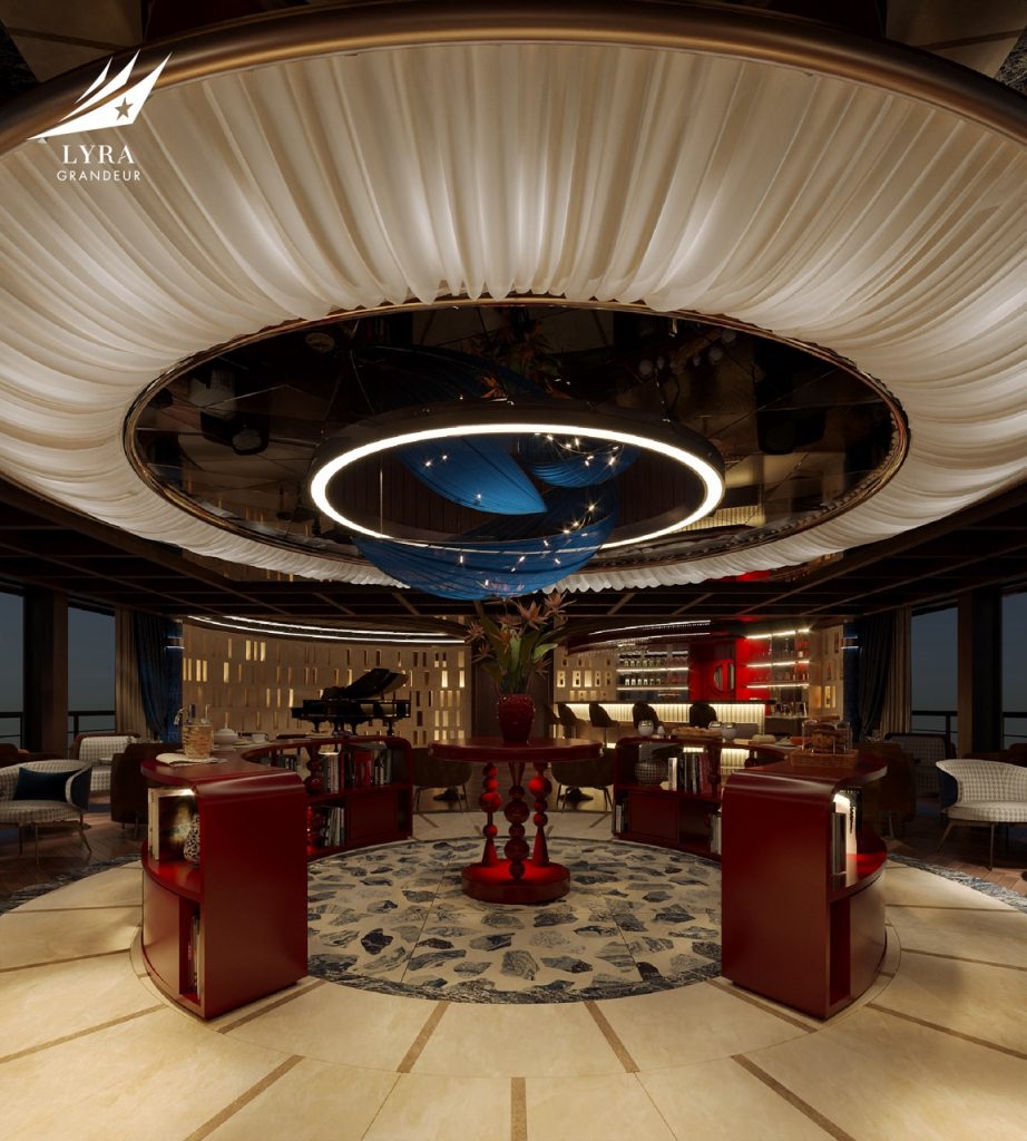 Elegant hotel lobby with modern circular chandelier and luxurious decor, perfect for upscale travel.