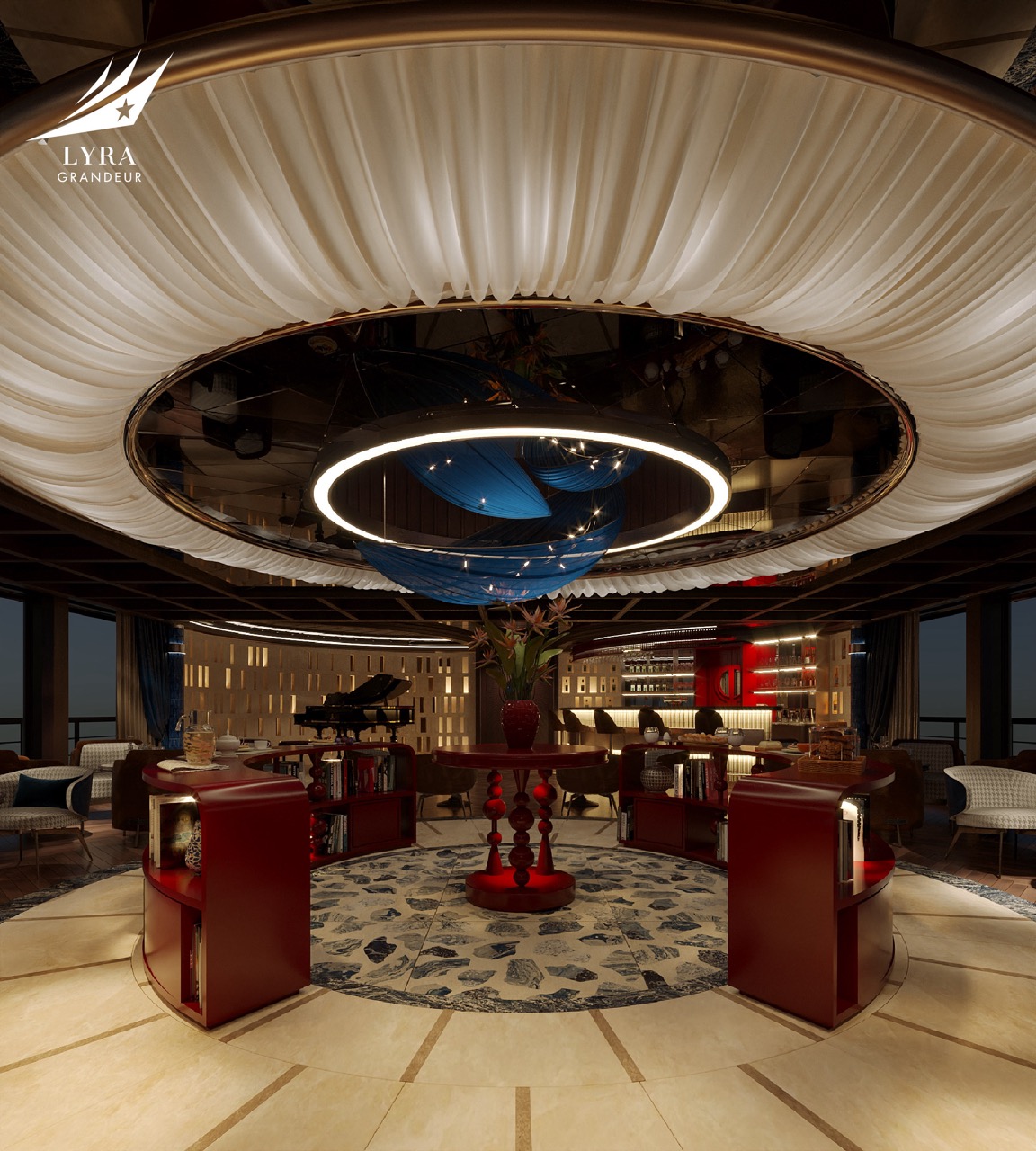Elegant hotel lobby with modern circular chandelier and luxurious decor, perfect for upscale travel.