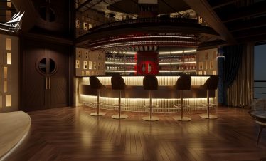 Luxurious hotel bar with modern decor, ambient lighting, and a fully stocked beverage selection. Perfect for relaxing and enjoying drinks - Lyra Grandeur Lan Ha Bay Cruise