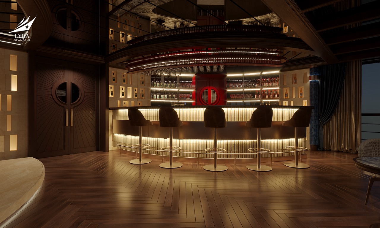 Luxurious hotel bar with modern decor, ambient lighting, and a fully stocked beverage selection. Perfect for relaxing and enjoying drinks - Lyra Grandeur Lan Ha Bay Cruise