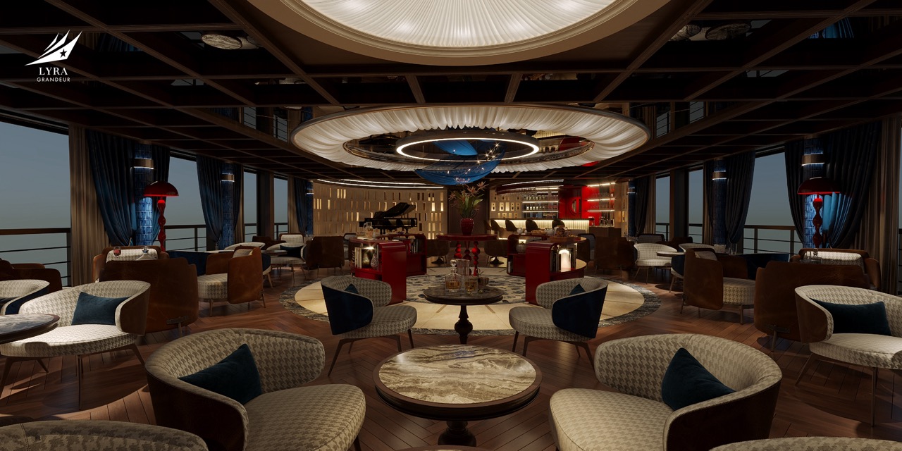 Elegant cruise lounge with luxurious seating and panoramic city views at night.