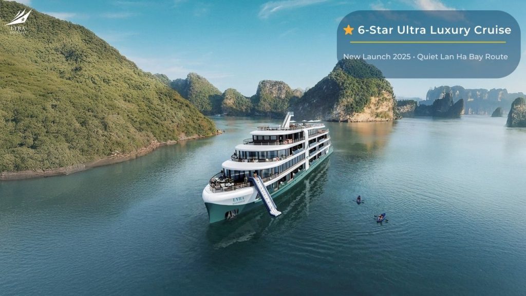 Luxurious 6-star cruise on Halong Bay, Vietnam with stunning limestone islands.