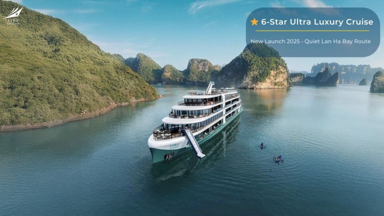 Luxurious 6-star cruise on Halong Bay, Vietnam with stunning limestone islands.