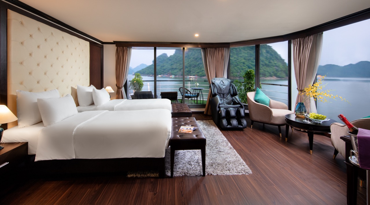 Spacious interior with elegant decor, perfect for a memorable Halong Bay cruise experience.