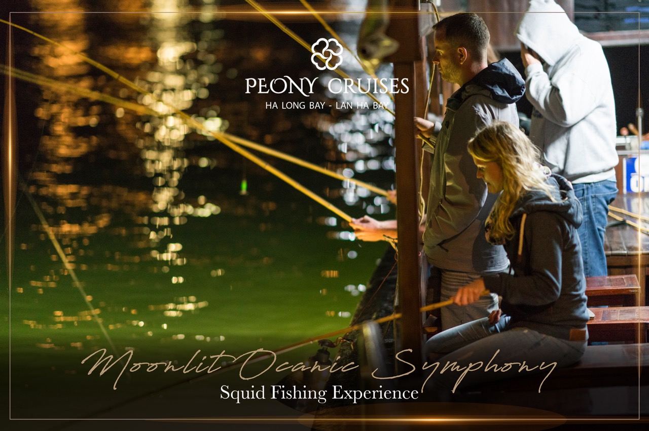 Enjoying night fishing on Halong Bay cruise balcony with friends.
