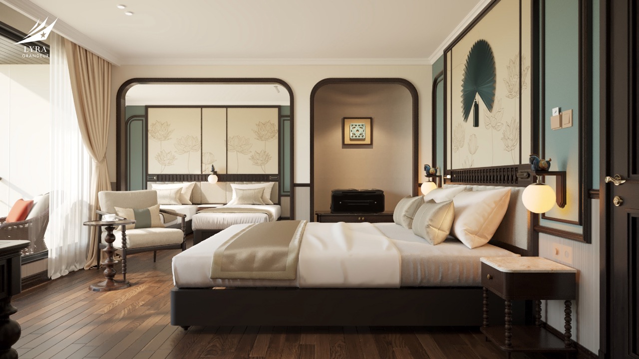 Elegant hotel room with traditional Asian decor and modern amenities at ViettrendTour.