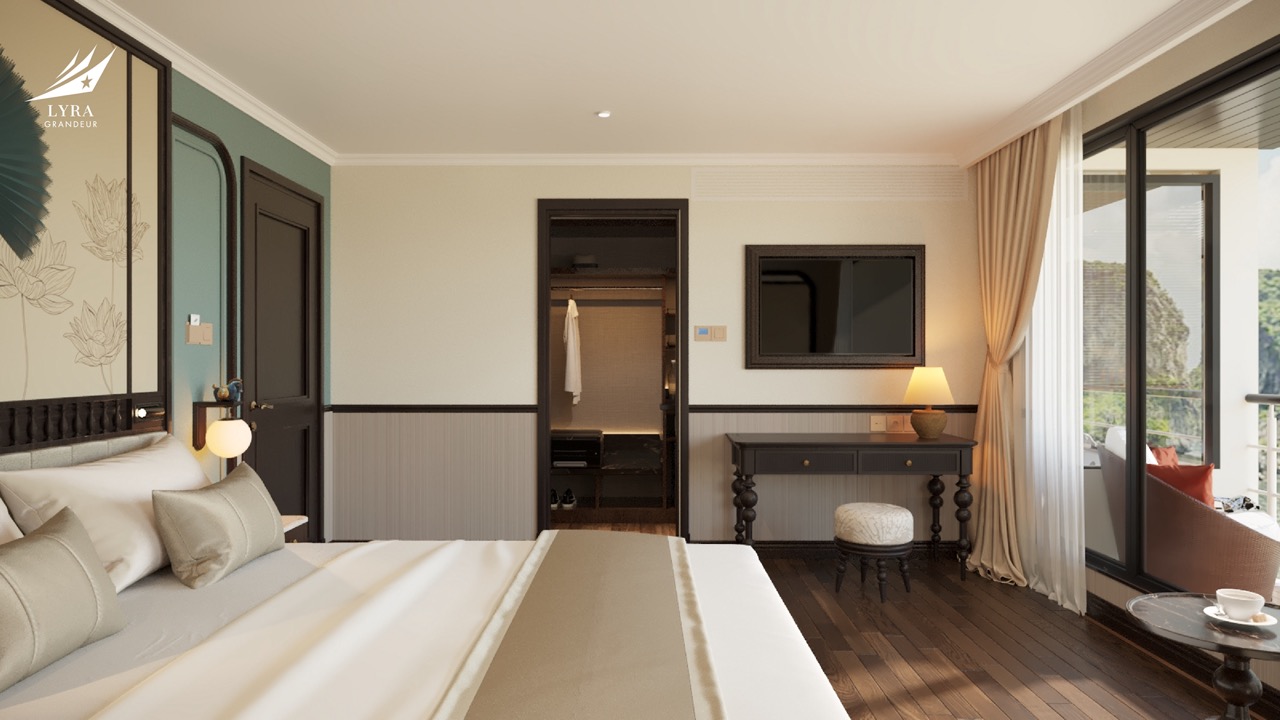 Luxurious hotel bedroom interior with balcony, modern decor, and scenic views for premium travel experience.