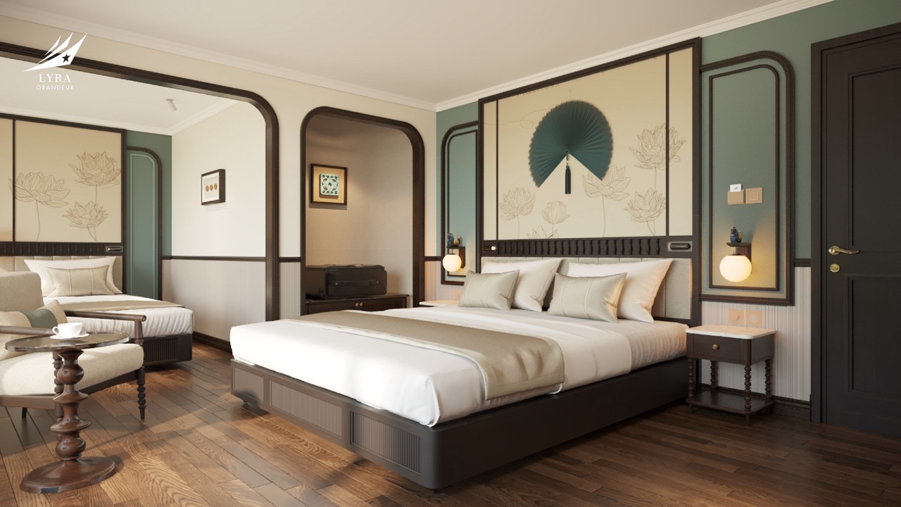 Elegant hotel bedroom with tasteful decor and cozy furnishings for a luxurious stay.