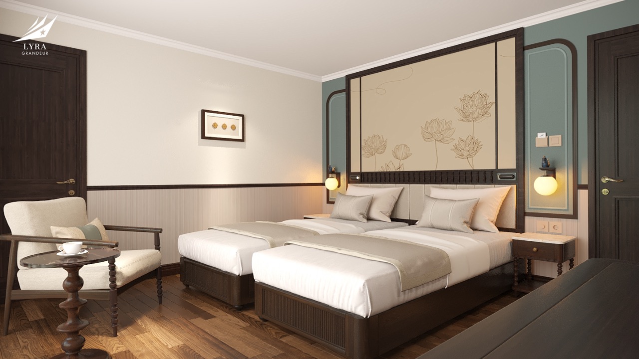 Elegant hotel bedroom with twin beds, modern decor, and cozy seating area.
