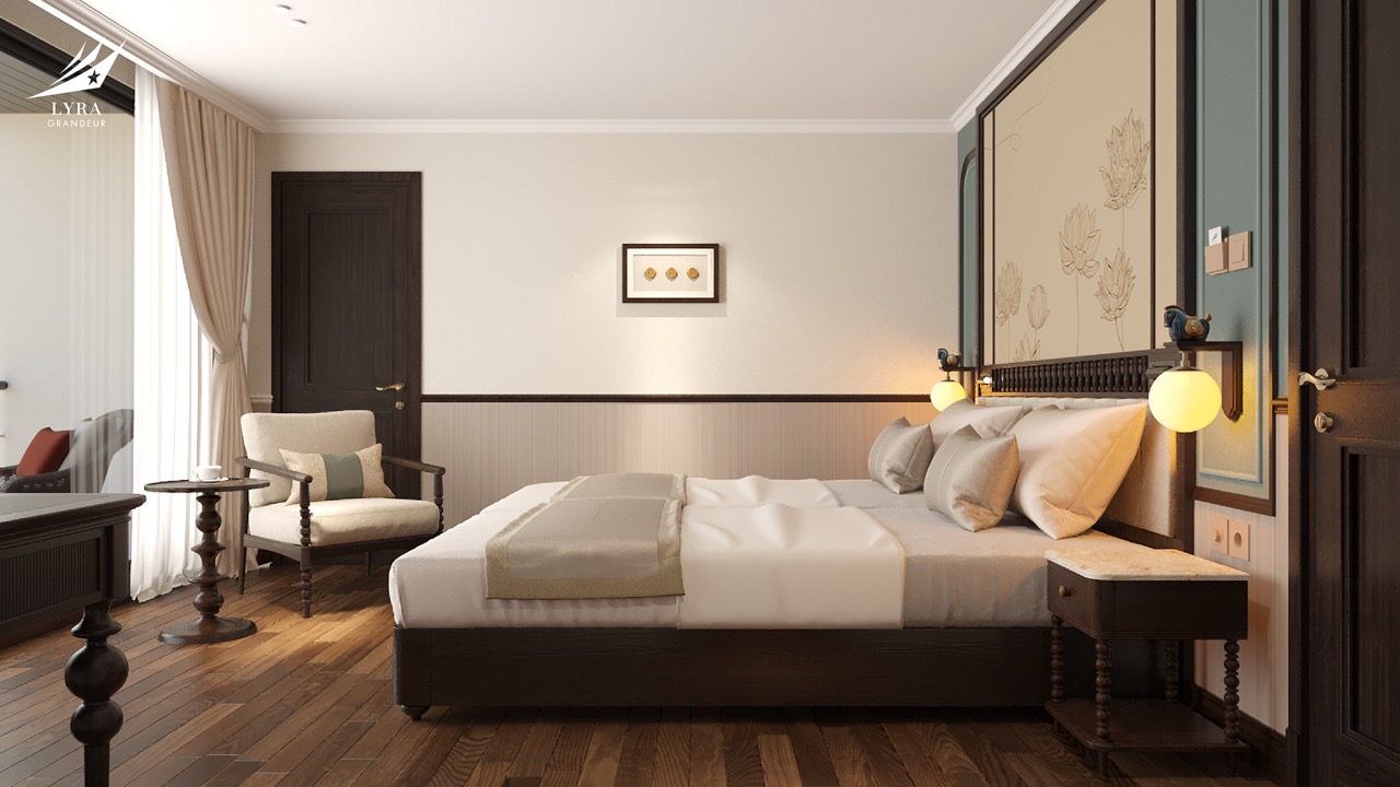 Luxurious hotel bedroom with elegant decor and cozy ambiance for a premium Vietnam travel experience.