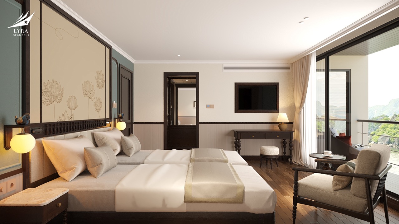 Luxurious hotel room with twin beds, modern decor, balcony view, and elegant furnishings.