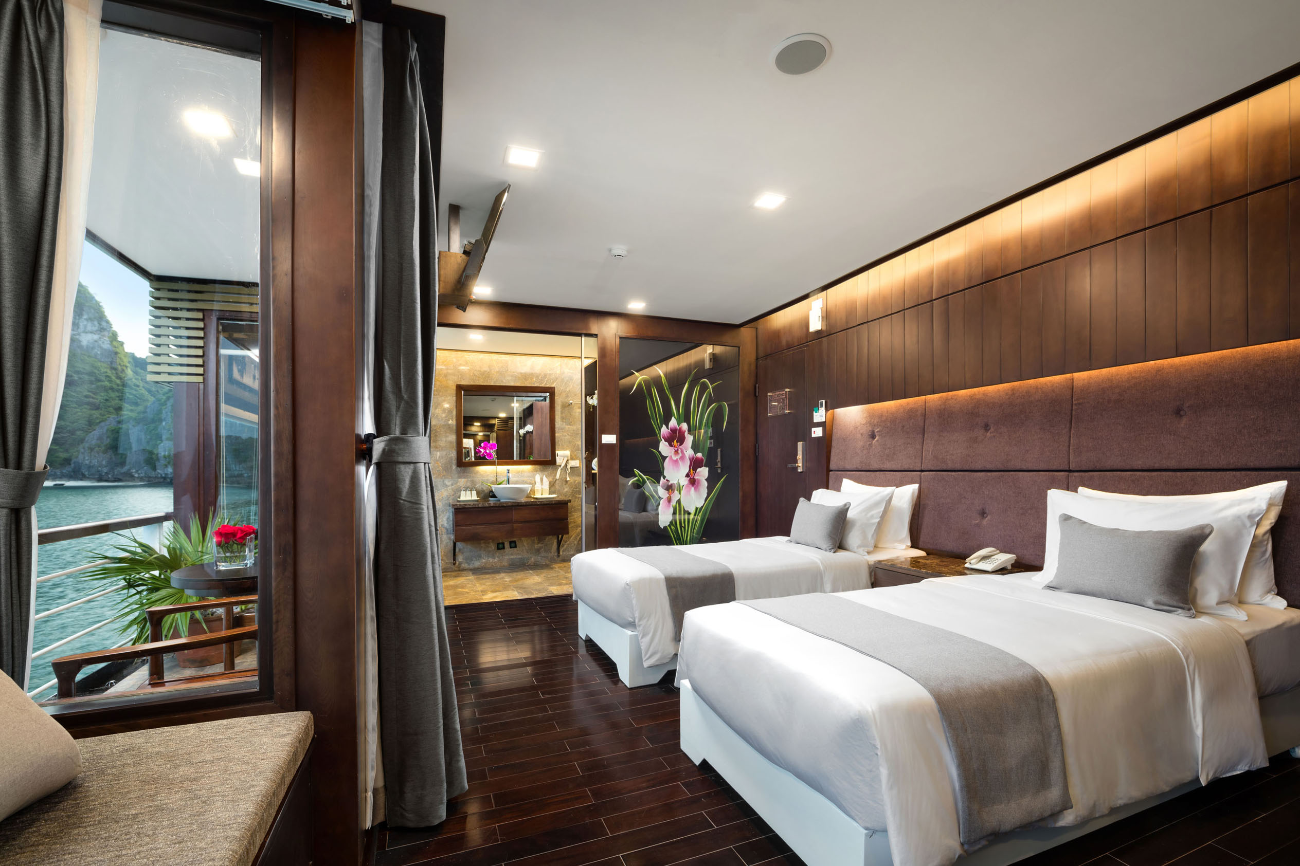Luxurious ocean-view hotel room with modern amenities and elegant decor for a relaxing stay.