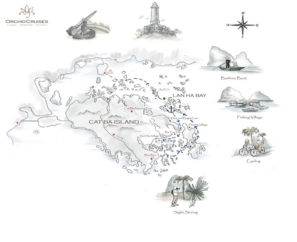 Colorful hand-drawn map of Cat Ba Island with key attractions and activities for tourists.