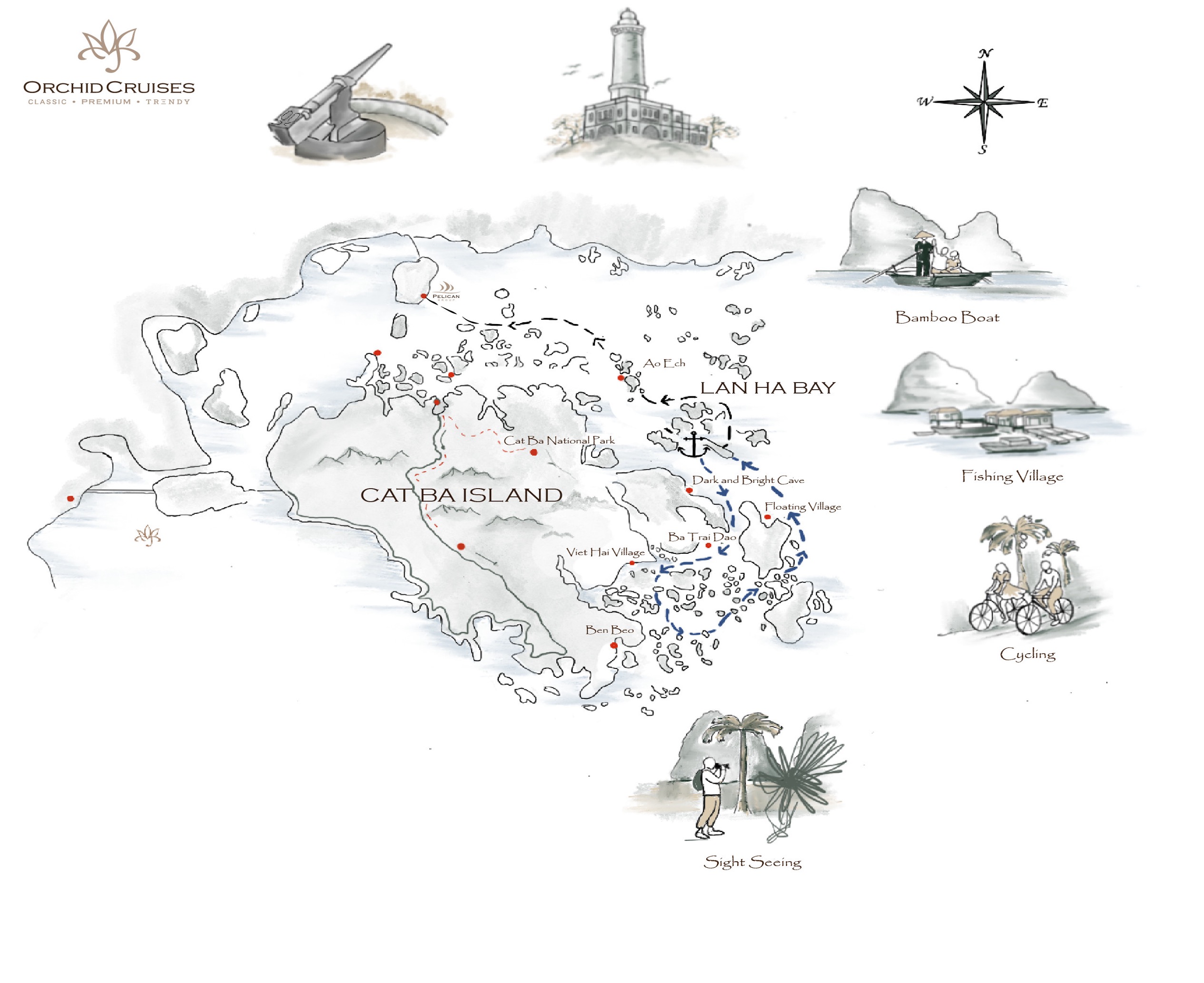 Colorful hand-drawn map of Cat Ba Island with key attractions and activities for tourists.