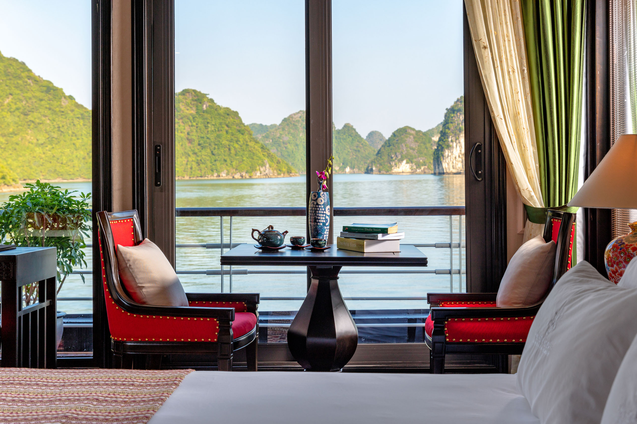 Stunning view of Halong Bay from a luxury hotel room in Vietnam. Perfect for travel and leisure.