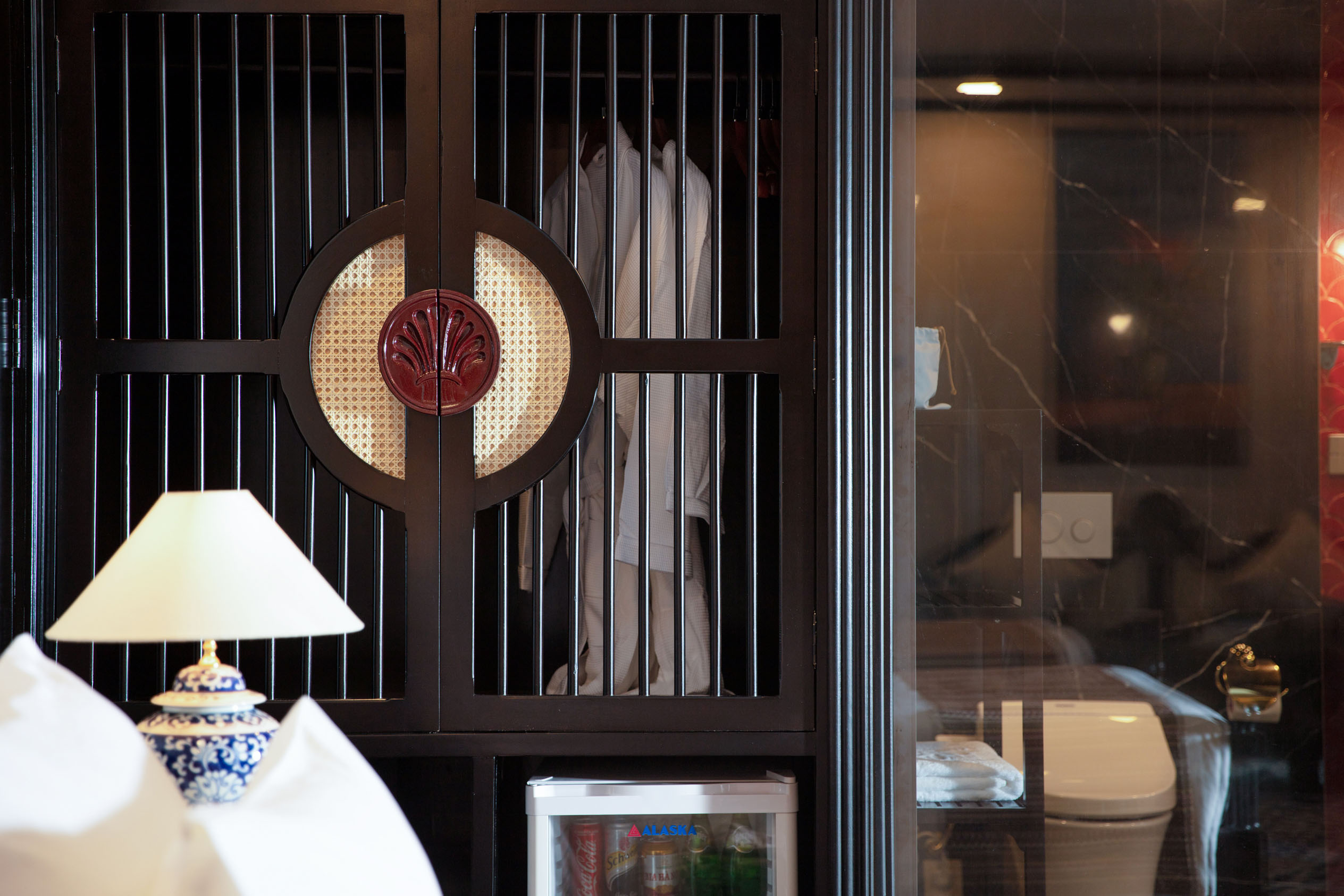 Traditional Asian hotel decor with modern amenities and stylish design.