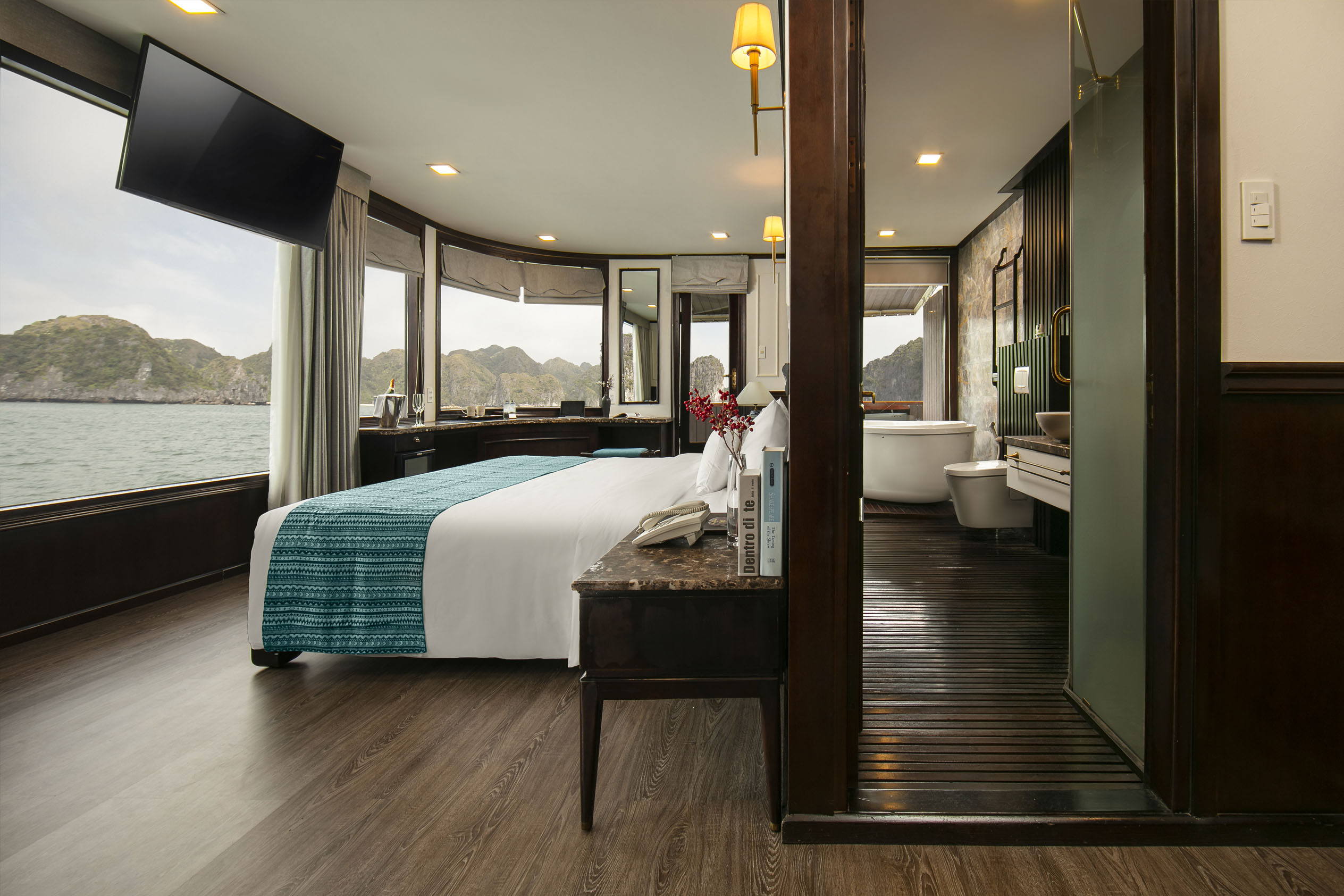 Sea view luxury hotel room with modern amenities and private bathroom near Halong Bay.