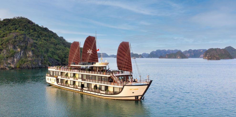 Traditional Vietnamese Junk Boat on Halong Bay, Vietnam.