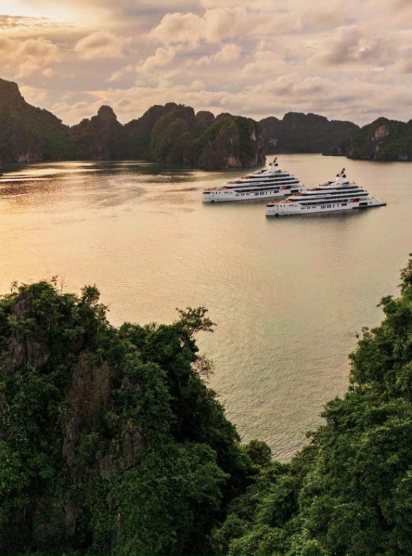 Luxurious yachts in Halong Bay with limestone karsts and lush islands at sunset.