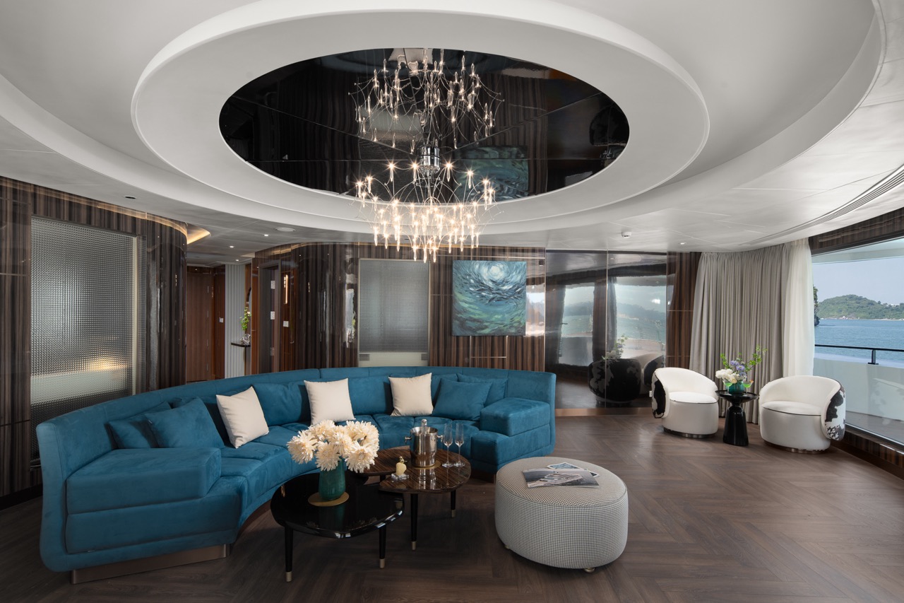 Luxurious yacht interior with modern furnishings and ocean view in Vietnam.