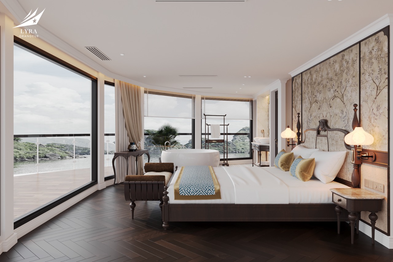 Elegant ocean view luxury bedroom in seaside resort with modern decor and panoramic windows.