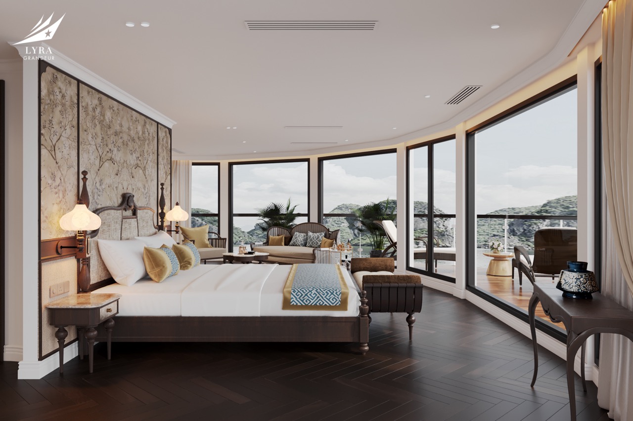 Luxurious hotel room with panoramic bay view and elegant decor, perfect for a relaxing getaway in Vietnam.