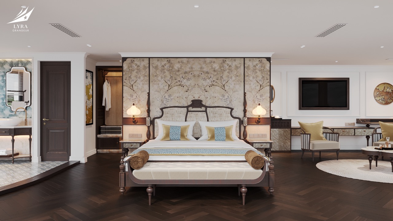 Luxurious hotel bedroom with elegant decor and king-sized bed, perfect for a relaxing stay.