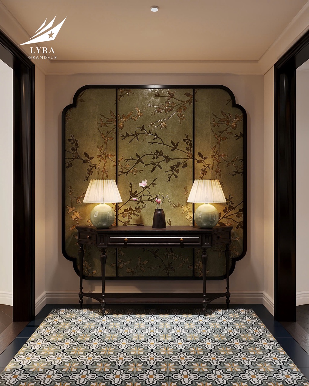 Elegant hotel interior with decorative wallpaper, table lamps, and ornate flooring for luxury travel experiences.