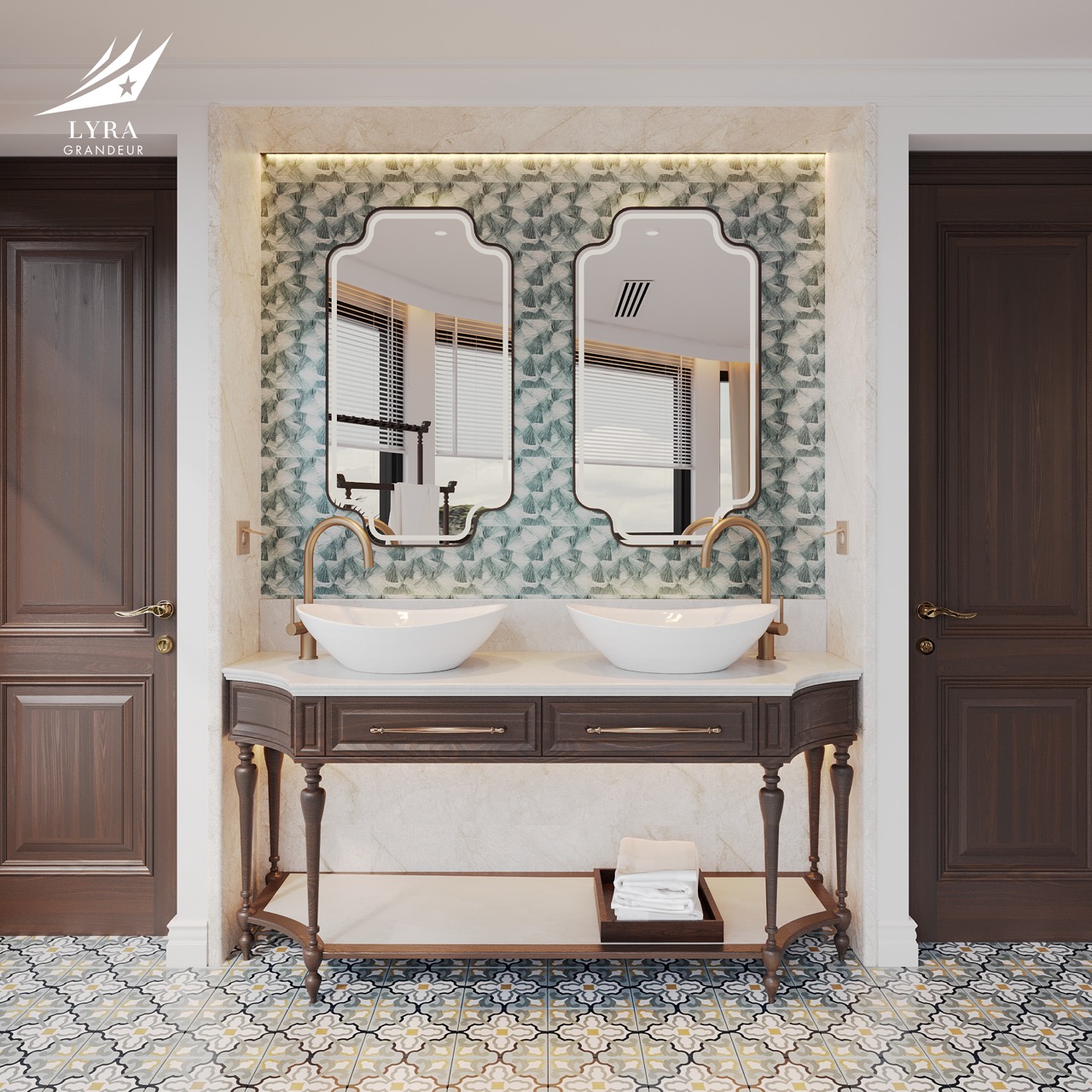 Elegant bathroom vanity with double sinks, mirrors, and decorative wall tiles at Lyra Grandeur hotel.