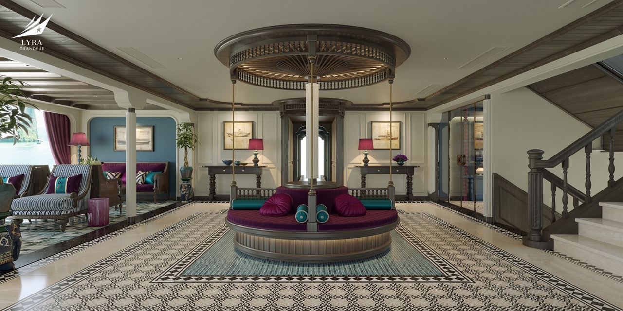 Luxurious hotel lobby with elegant decor and seating, showcasing high-end interior design.