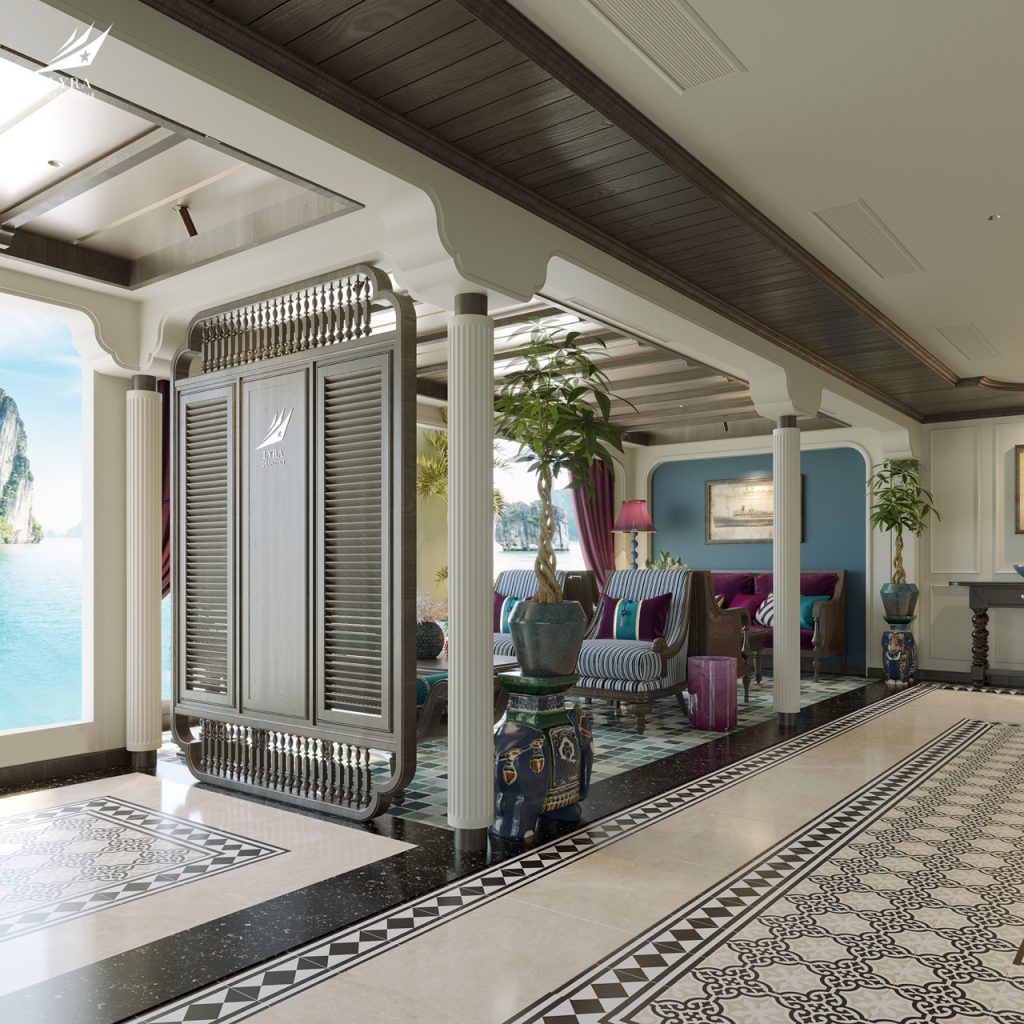 Luxurious tropical hotel lobby with ocean view, elegant furniture, and vibrant decor.