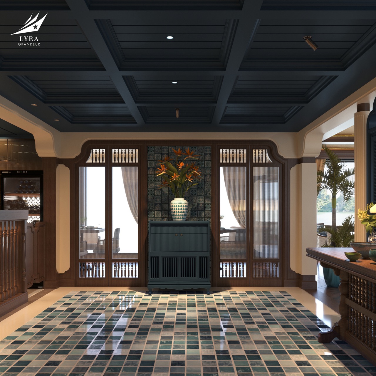 Elegant luxury resort interior with tropical decor and botanical accents for a relaxing vacation.