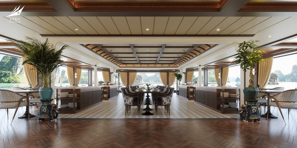 Luxurious waterfront restaurant with large windows and elegant decor.