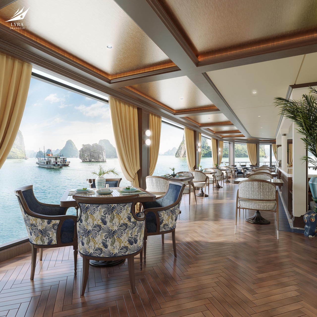 Elegant waterfront dining room with panoramic ocean views and luxurious decor at ViettrendTour.