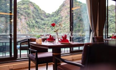 1. Spectacular mountain view dining setup at ViettrendTour hotel in Vietnam.