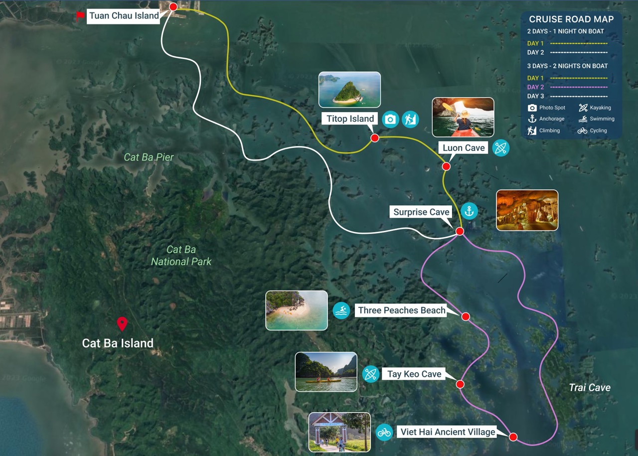 1. Scenic island cruise map in Vietnam with kayaking, snorkeling, and cave explore options.