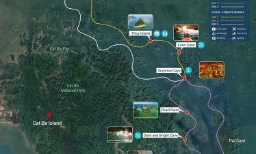 Tuan Chau Island cruise route map with cave visits and island stops in Vietnam.