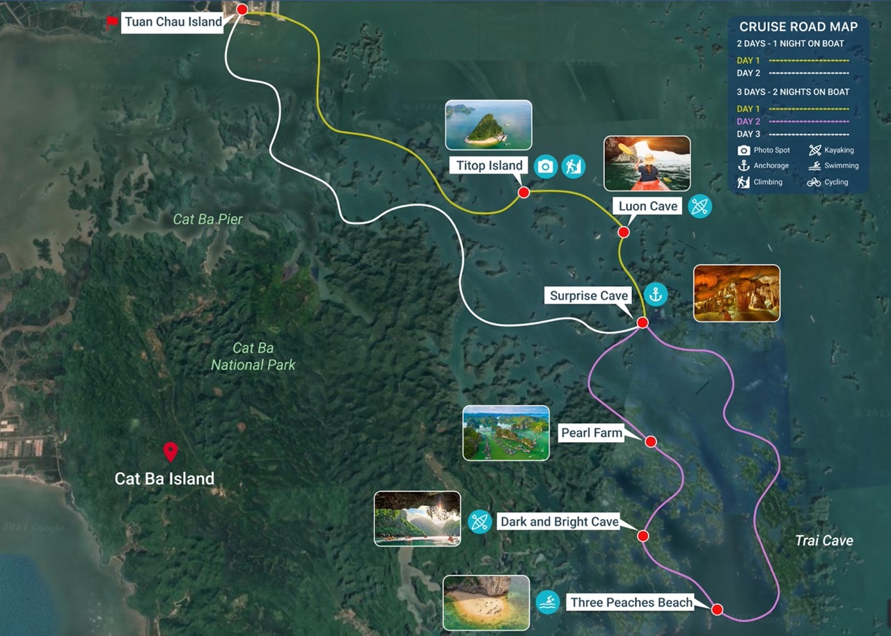 Tuan Chau Island cruise route map with cave visits and island stops in Vietnam.