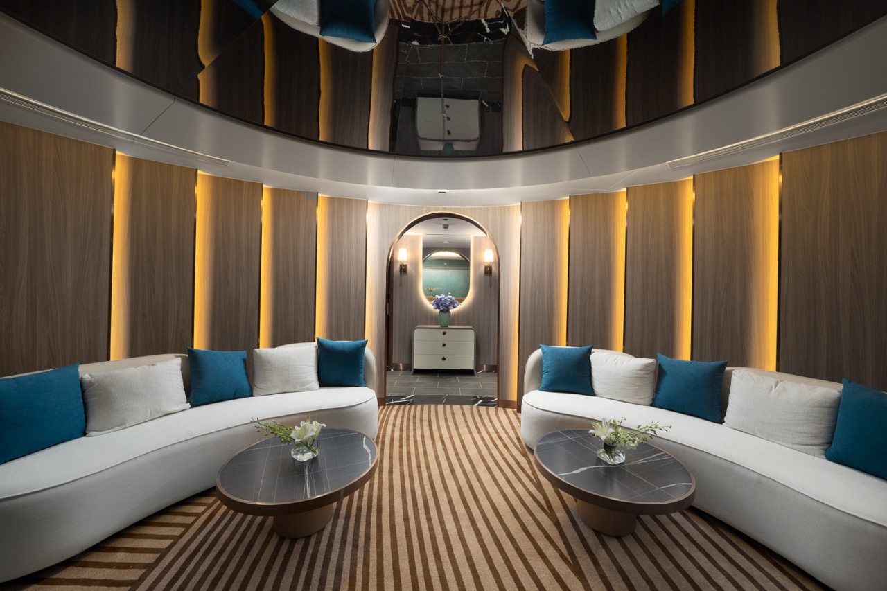 Luxurious hotel lounge with modern design and elegant decor, perfect for relaxation and socializing.